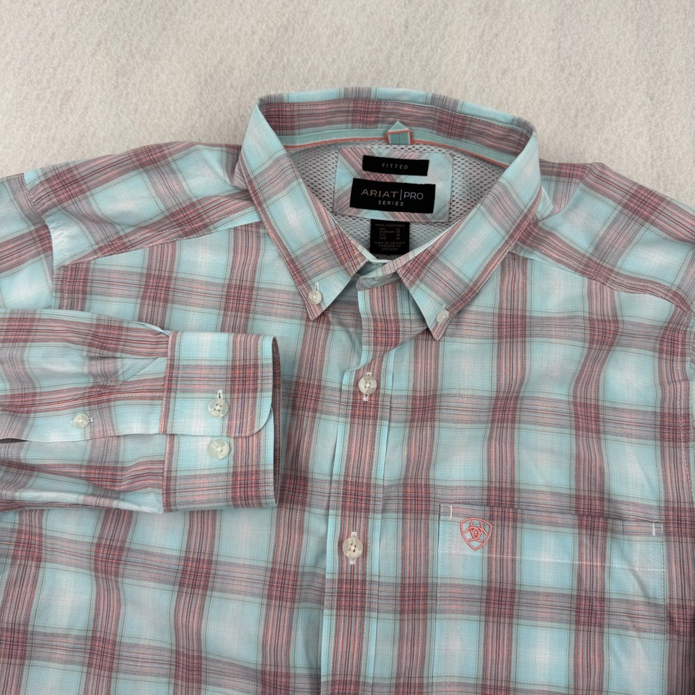 Ariat Pro Series Fitted Mens M Plaid Long Sleeve Button Down Western Blue/Red